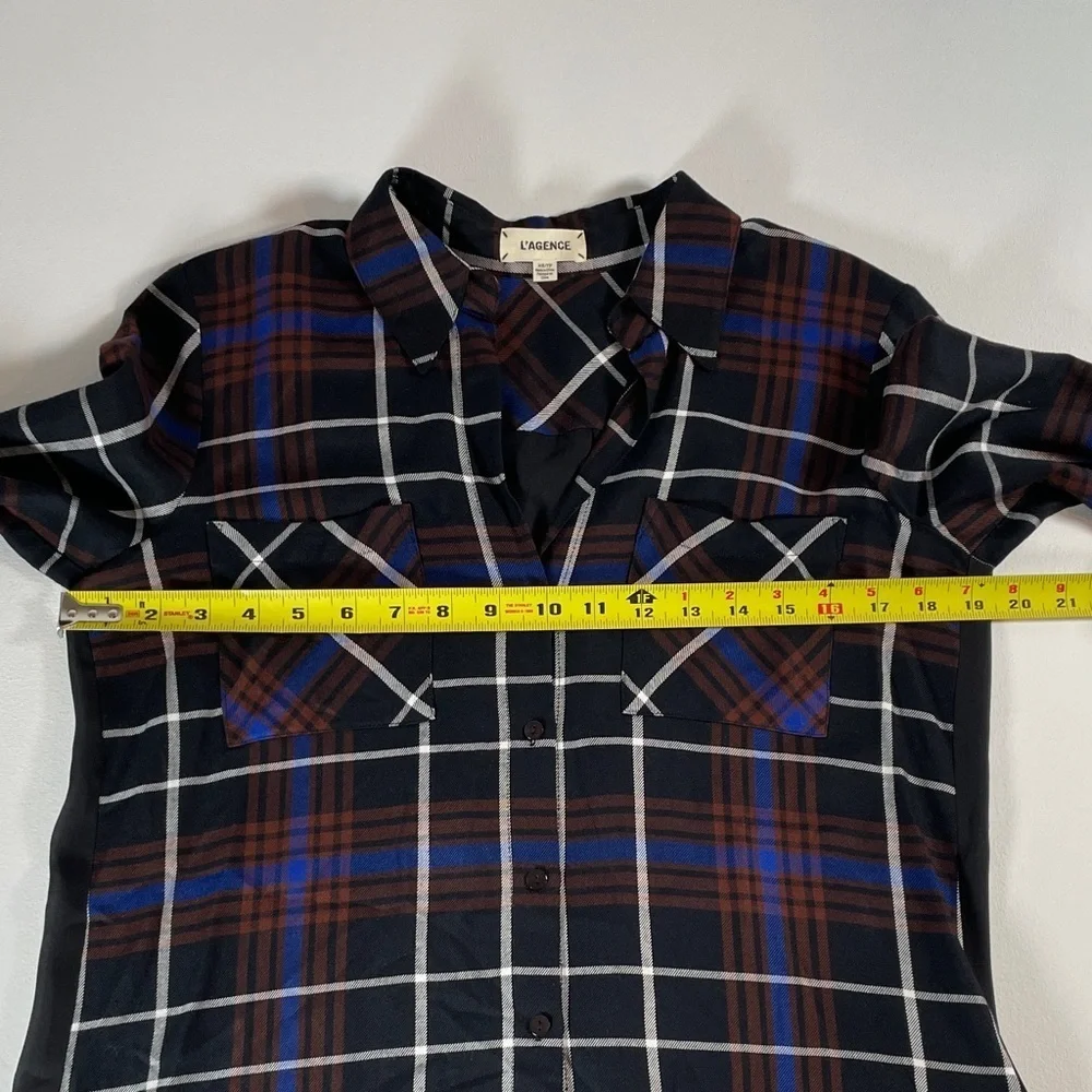 L’AGENCE Flannel Plaid Shirt Contrast Black Silk Back, Blue and Brown - Size XS